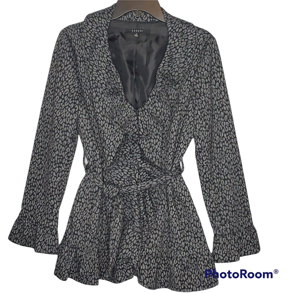 Sandro studio animal print ruffled collar belted ruffle cuff jacket gray‎ medium